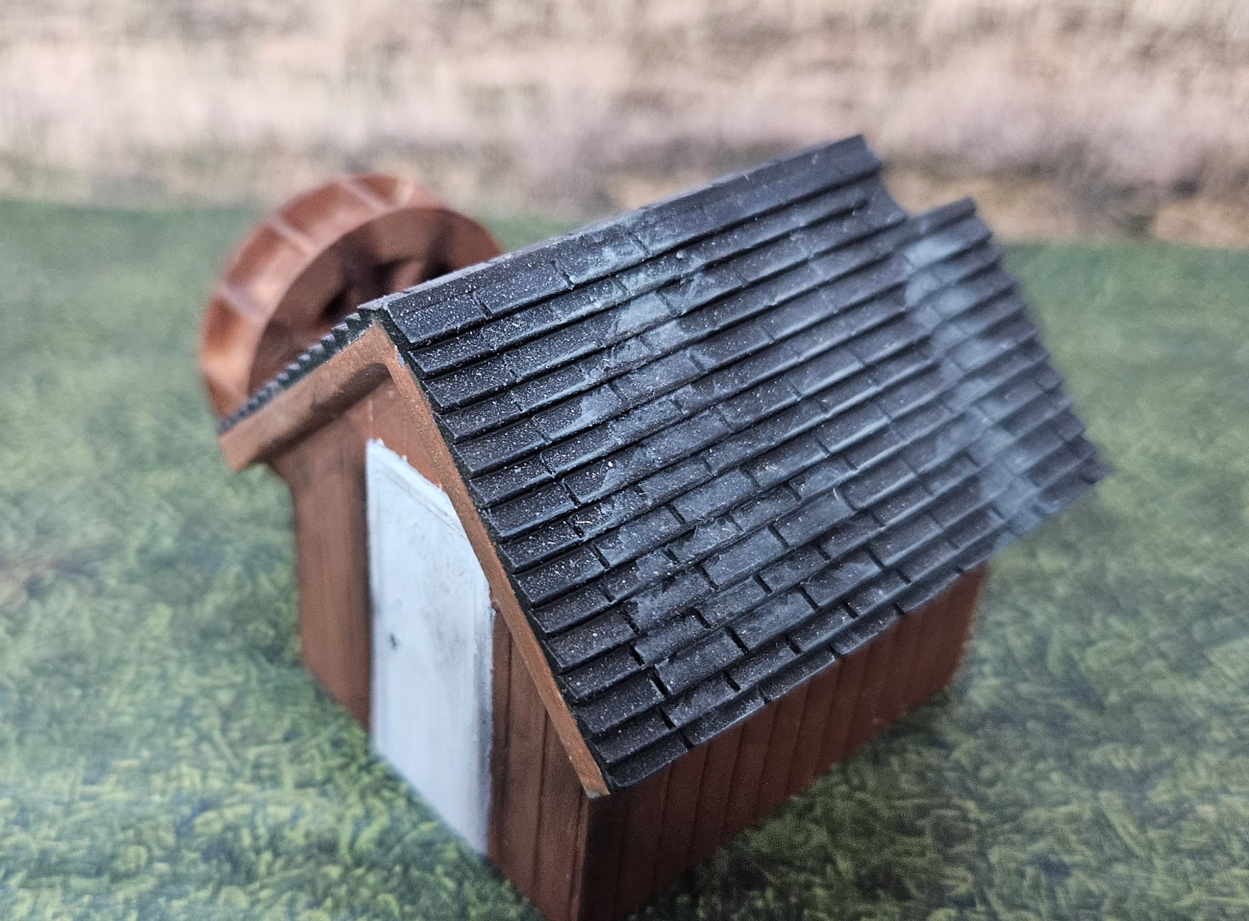 Roof detail on HO scale waterwheel with small building